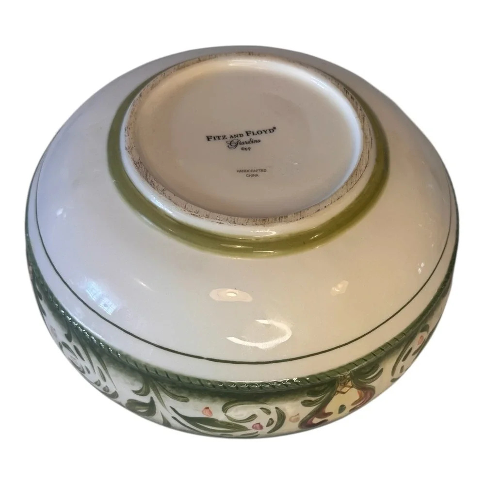 Fitz and Floyd Giardino Serving Bowl Handcrafted Ceramic Green Floral Round 9in